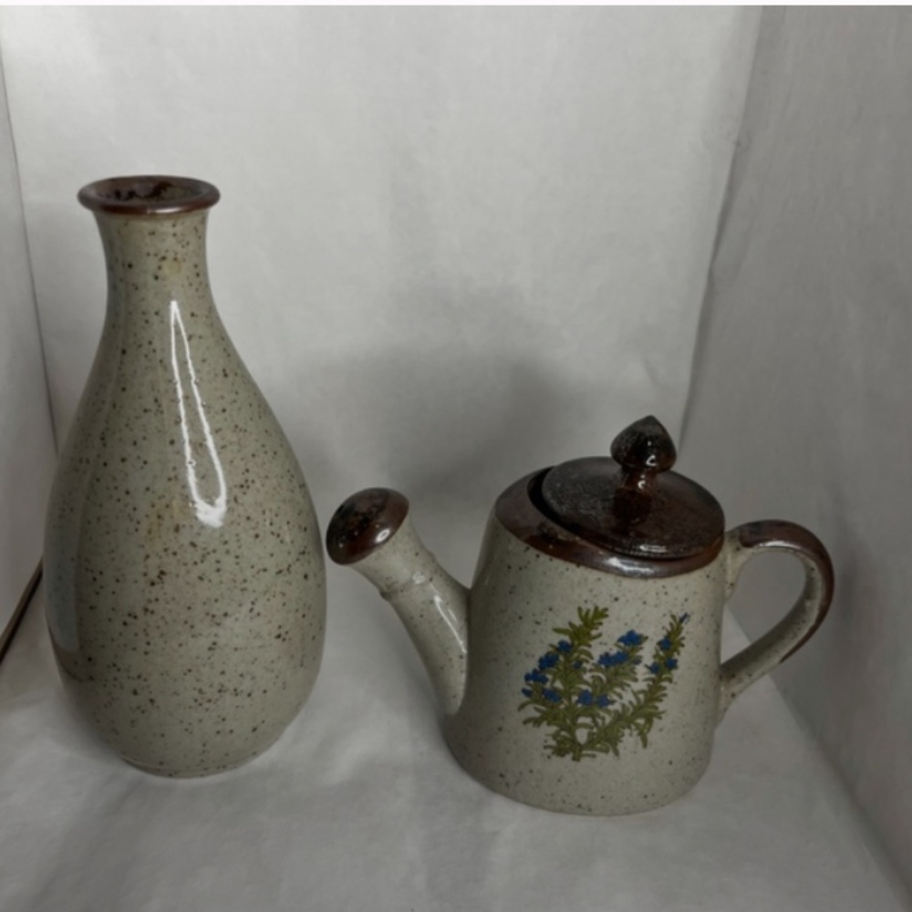 Vintage Takahashi Stoneware Gray Speckled 3 Pc Set with Blue Flowers Japan RARE - Picture 2 of 10